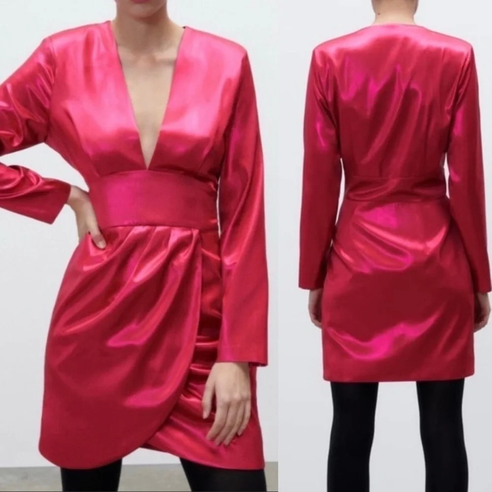 Zara Laminated V-neck Long Sleeve Mini Dress Sz Medium Fuchsia /Pink